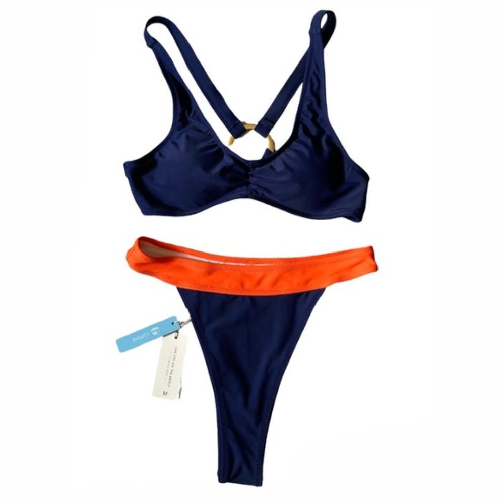 NWT Cupshe Navy Blue and Orange Two-Piece Bikini